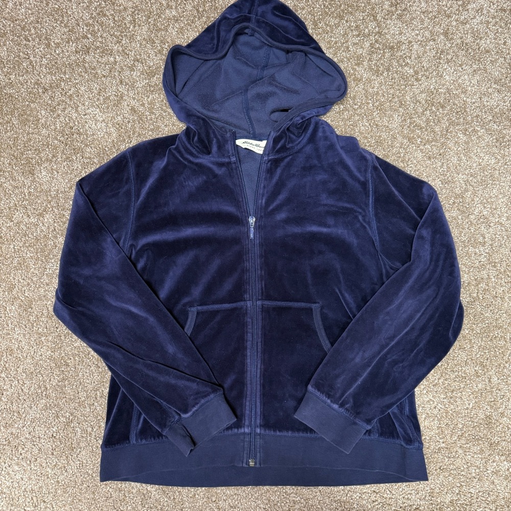 Eddie Bauer Velvet Blue Sweatshirt Hood Womens Medium Full Zip Dark Stretch Soft